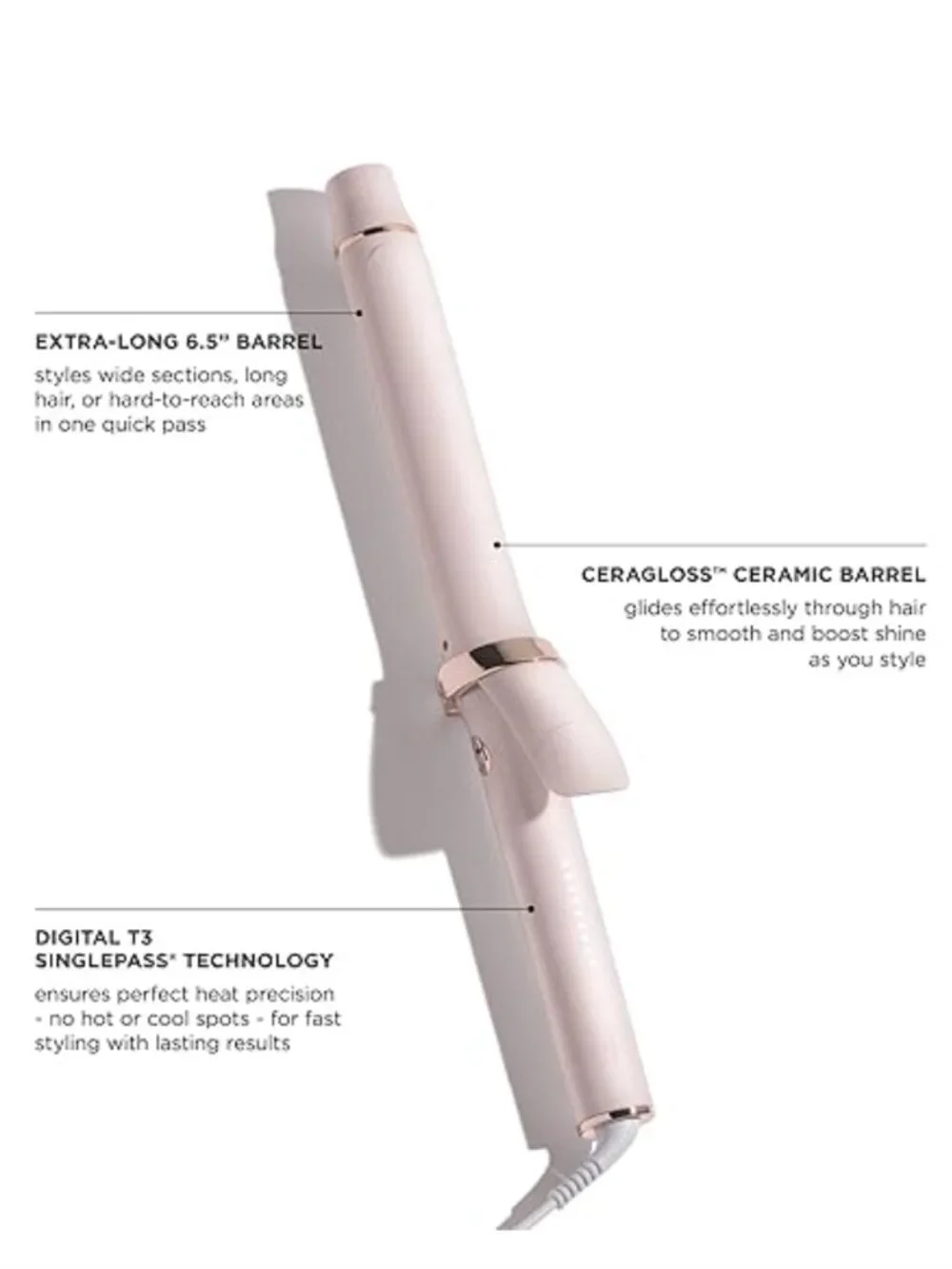 T3 SinglePass Curl X 1.25” Ceramic Extra-Long Barrel Curling Iron in Satin Blush